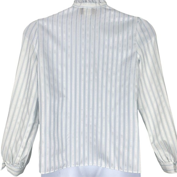 Vintage Blouse Size 14 Neck Bow Striped Button Up Blue White Shimmer Placements - Picture 2 of 5